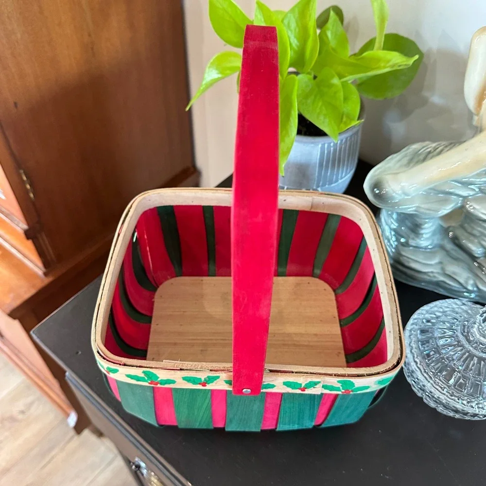 VTG Christmas Woven Wood Basket Red Green Stripe Holly Decor Cottagecore Country